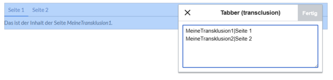 Inspector window with two example pages transcluded in two tabs