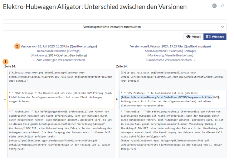 Vergleich der geänderten Abschnitte zweier Versionen im Wikitext.