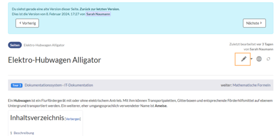Ansicht der ausgewählten Version mit Hervorhebung des Bearbeitungssymbols.