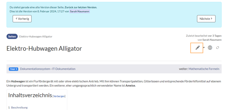 Ansicht der ausgewählten Version mit Hervorhebung des Bearbeitungssymbols.