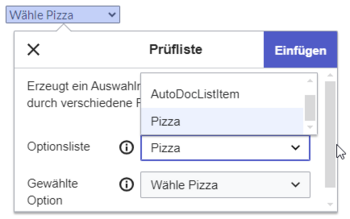 Auswahlmenü für die Kontrollliste