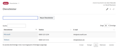 Dienstleister Übersichtsseite