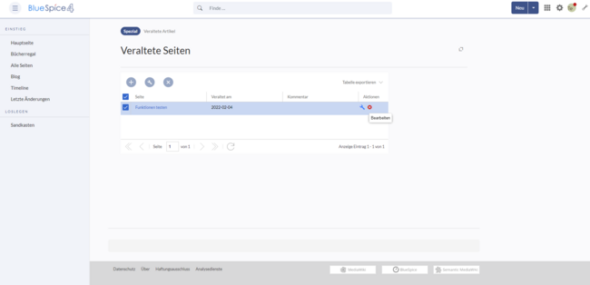 Screenshot der Übersicht aller Veralteten Seiten