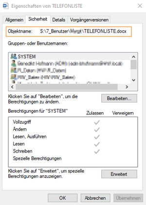 Dailogfeld "Eigenschaften" einer Datei auf einem Netzwerklaufwerk