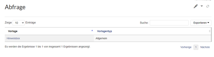 Tabellarische Ausgabe der Vorlagen