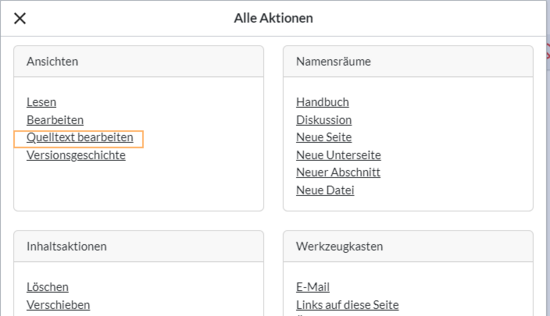Dialogfenster "Alle Aktionen" mit hervorgehobenem Link zur Quelltextbearbeitung