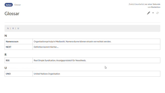 Alphabetisches Glossar als Tabelle mit Sprunglinks zu Seitenbeginn