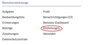 Benutzerwerkzeuge; Einstellungen farbig Hervorgehoben