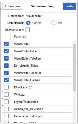 Extendedsearch-Export-Dialog mit Seitensammlung