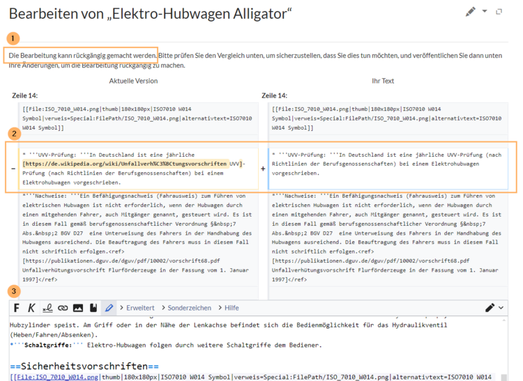 Markierte Diff-Ansicht der aktuellen mit der Rücksetzungsversion