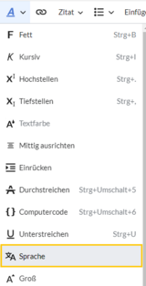 Textformatierungsmenü mit hervorgehobenem SMenüpunkt "Sprache"