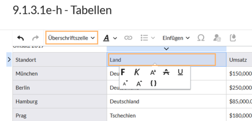 Ausgewählter Menüpunkt "Überschriftszelle im visuellen Editor"