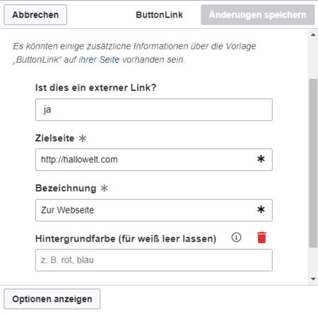 Eingabefelder Vorlage Button-Link