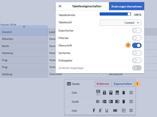 Überschrift-Schaltfläche im Tabelleninspektor