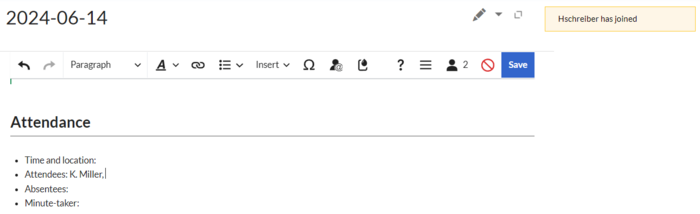 alert message for newly joined user in a meeting minutes edit session