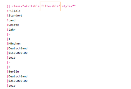 Beginn einer Tabelle im Wikitext-Format mit hervorgehobener CSS-Klasse "filterable"