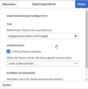 Hochladen-Dialogfenster für den Word-Import