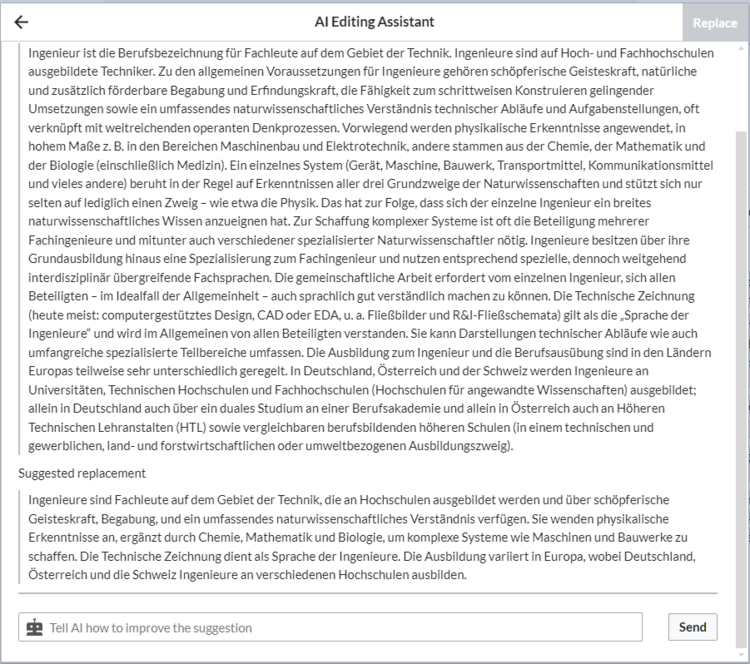 AI assistent with summarized content suggestion and additional field to ask for an improvement
