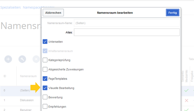 VisualEditor im Namensraum aktivieren